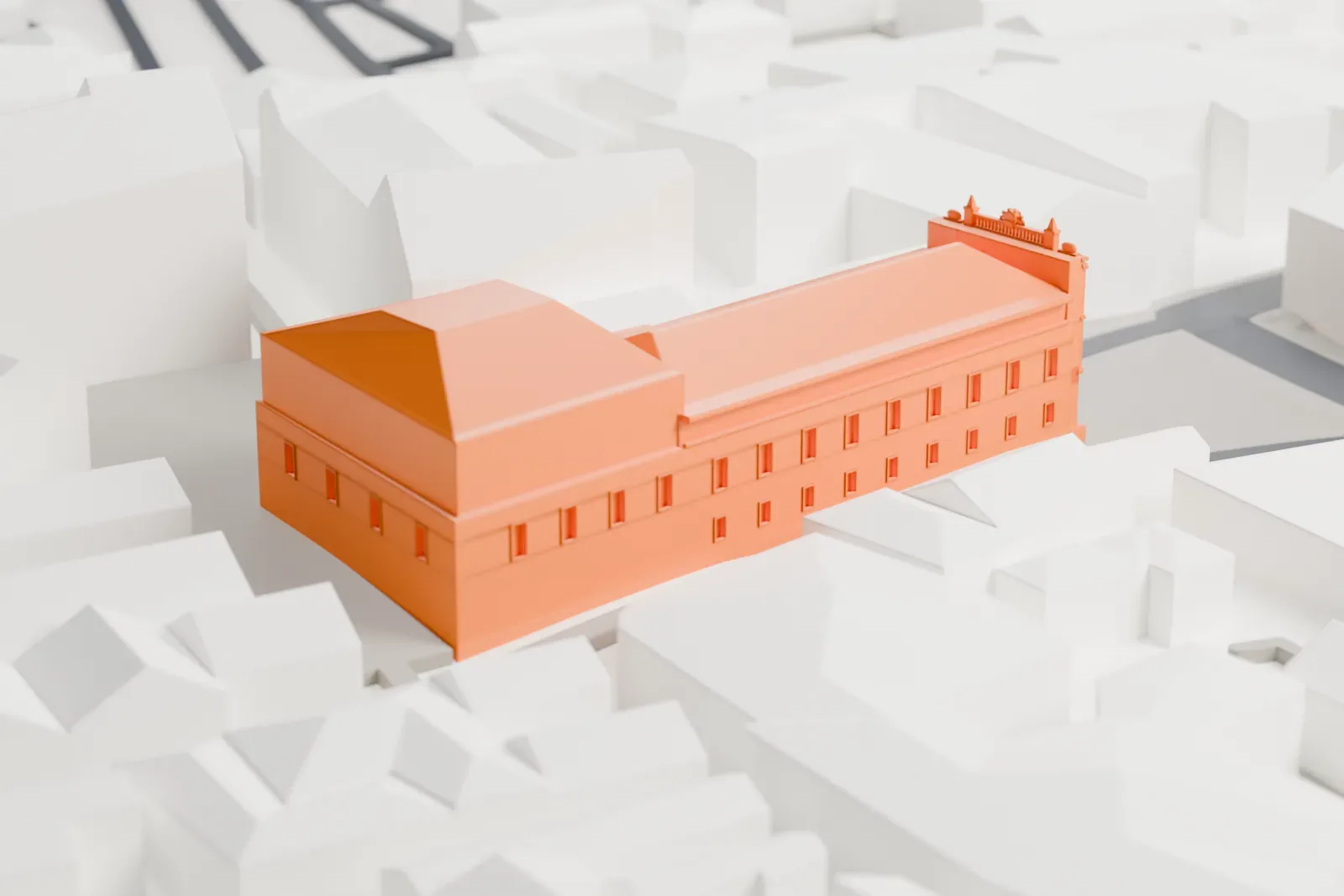 A white 3D print of the Croatian National Theatre in Split, standing among the surrounding city streets and buildings.