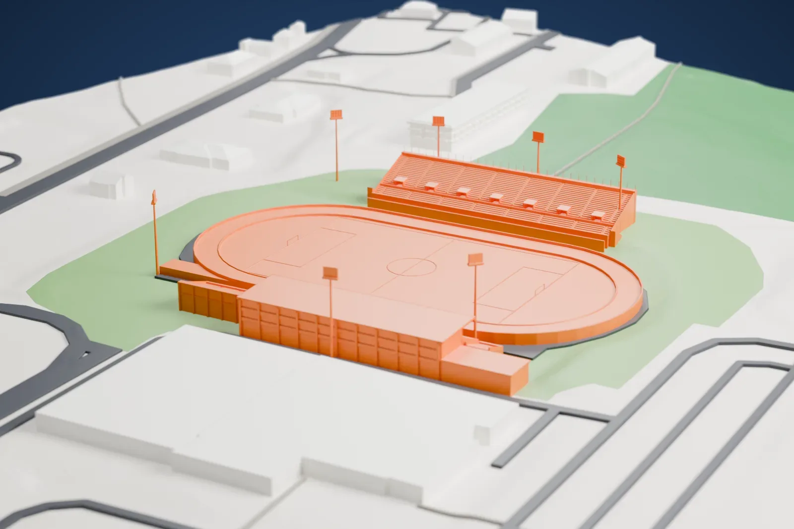A white 3D print of Croix-Bleue Medavie Stadium with the surrounding streets and buildings.