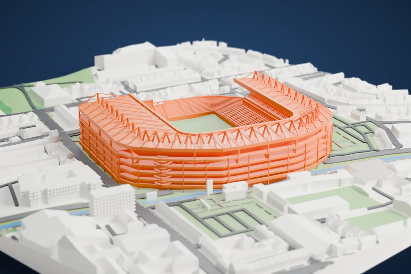 A white 3D print of Croke Park, a three-tier stadium with a cantilever roof and a row of A-frame masts, with a low open terrace at one end, among city buildings.