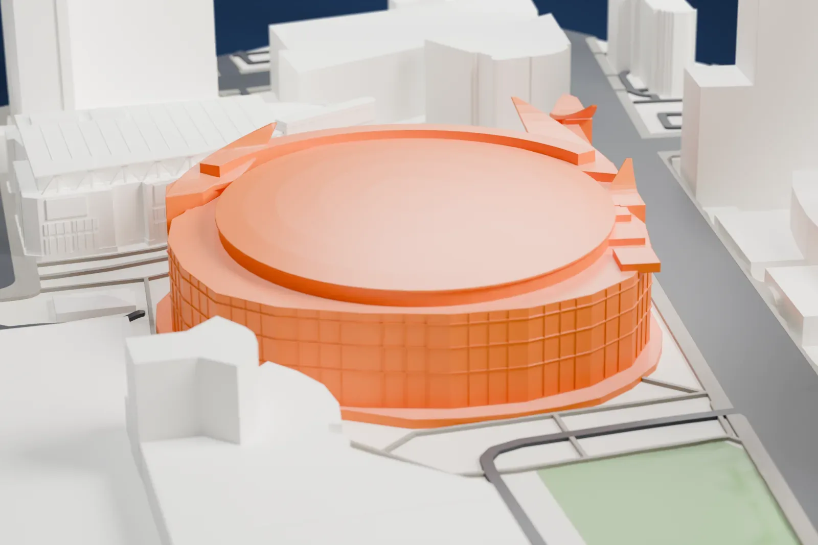 A white 3D print of Crypto.com Arena, a broad arena with a low roof, among the streets and buildings of downtown Los Angeles.