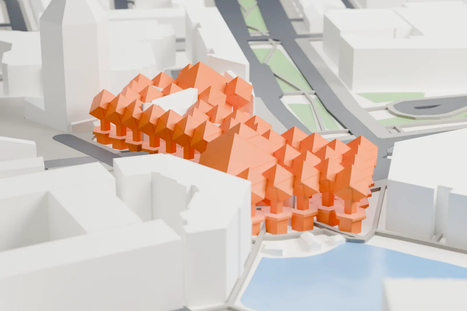 A white 3D print of the Cube Houses, a row of tilted cubes each balanced on a pylon and joined together, among the surrounding streets and buildings of Rotterdam.