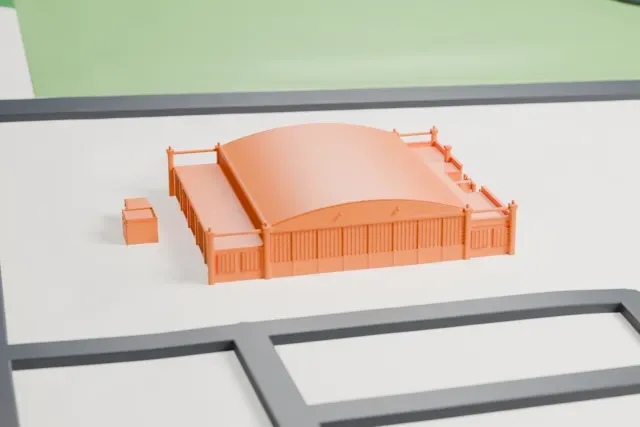 A white 3D print of the Curtiss-Wright Hangar (Columbia, South Carolina) model in Columbia, South Carolina, with the streets around it.