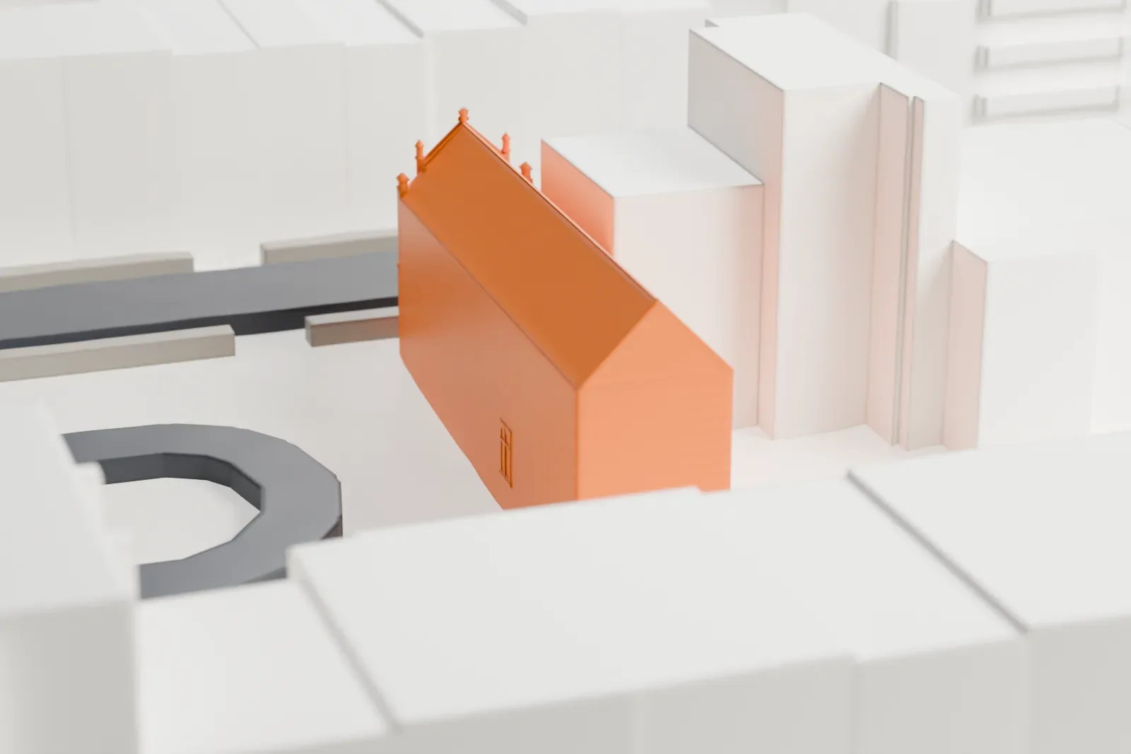 A white 3D print of Cuyler Presbyterian Church, a long gabled building with a decorated end wall, hemmed in by taller buildings and streets.