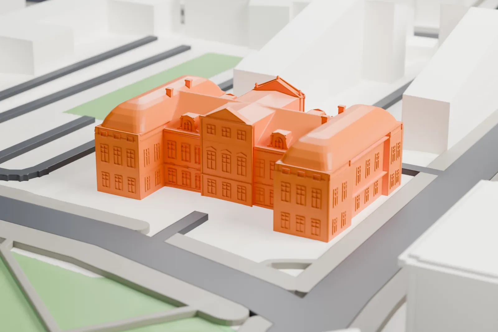 A white 3D print of the Czapski Palace in Warsaw, surrounded by streets and buildings.
