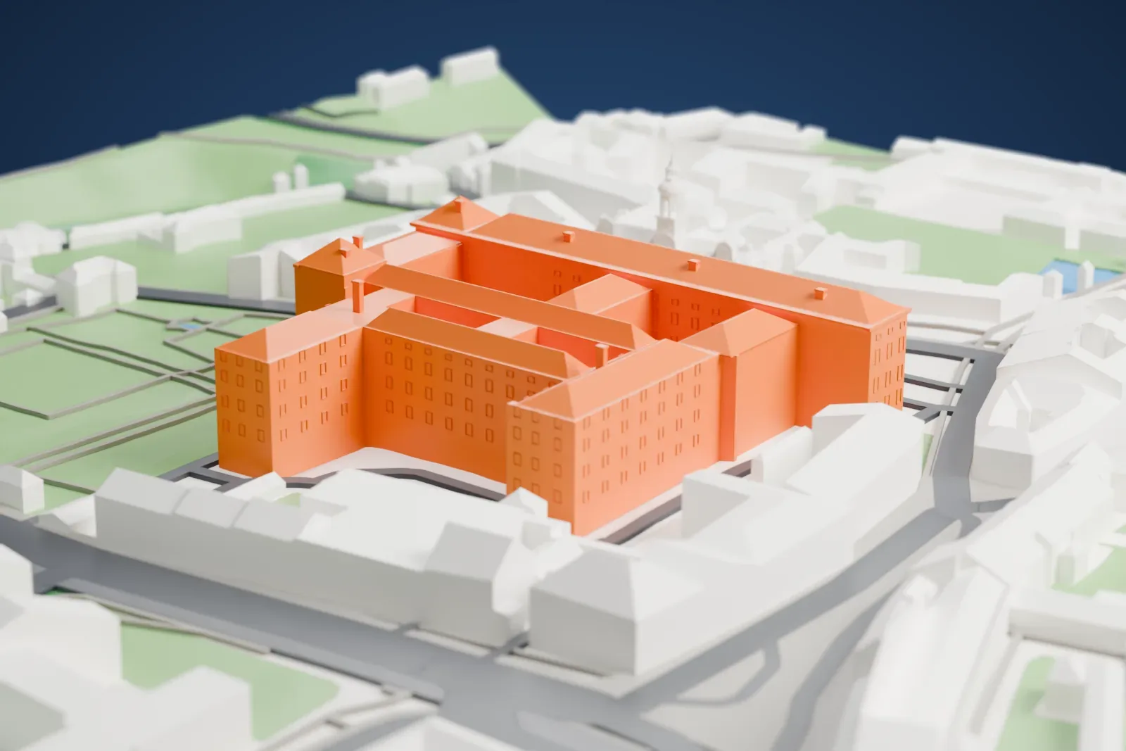 A white 3D print of the Czernin Palace among surrounding streets and buildings.
