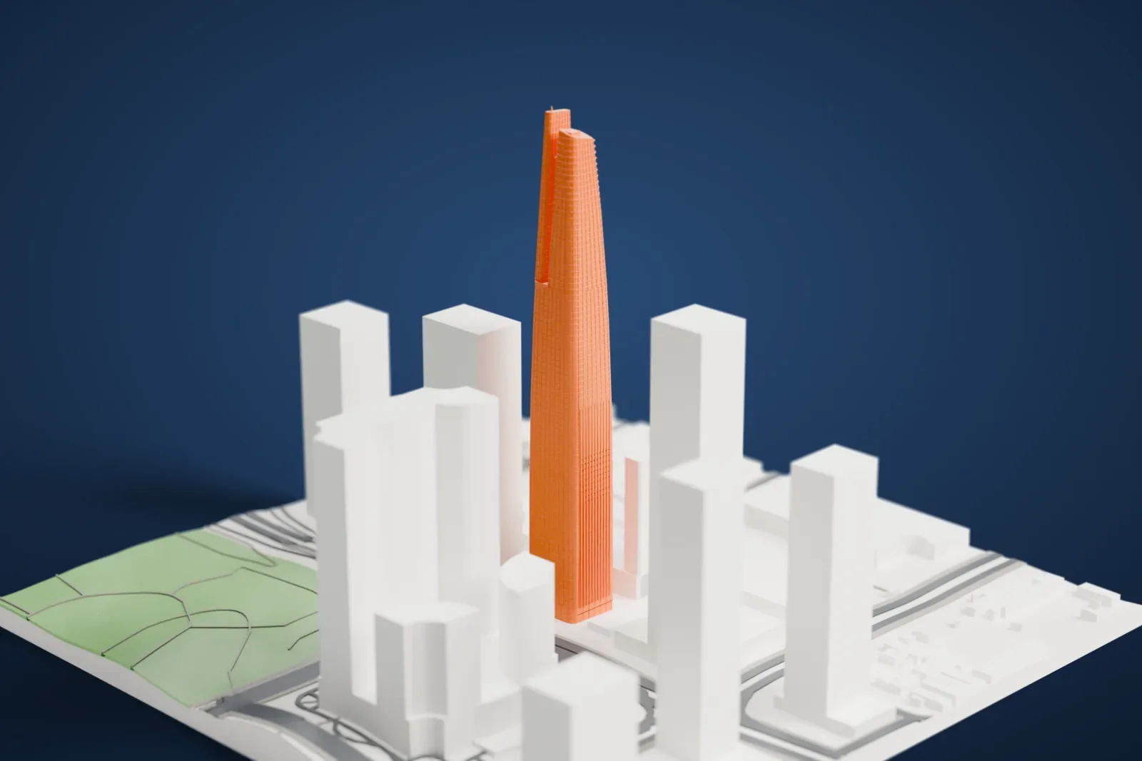 A white 3D print of Dabaihui Plaza, a supertall tower, rising among the surrounding streets and buildings of Shenzhen.