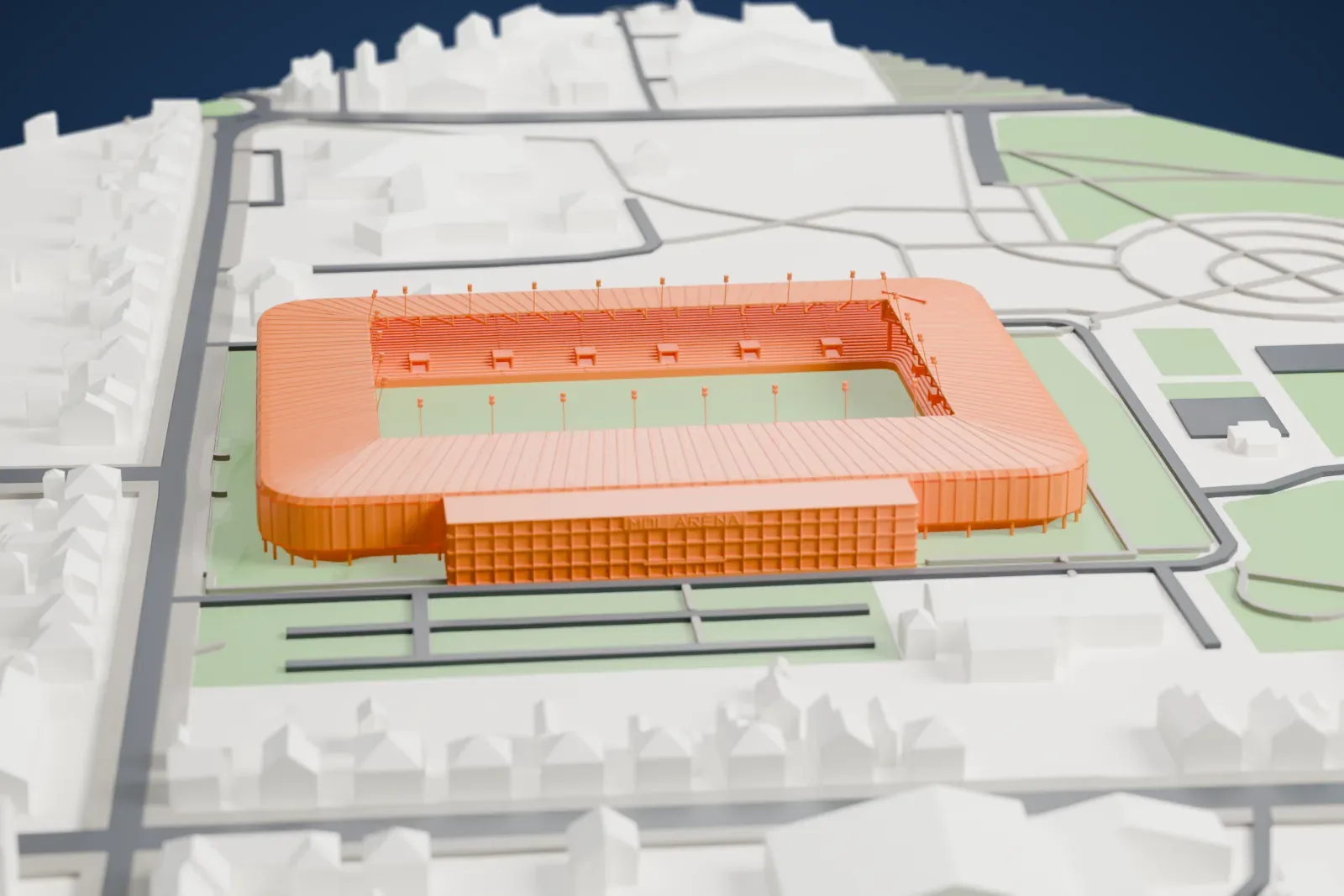 A white 3D print of DAC Aréna, a square-cornered stadium with a roof wrapped around all four stands and a green pitch, set among low houses, roads and green patches.