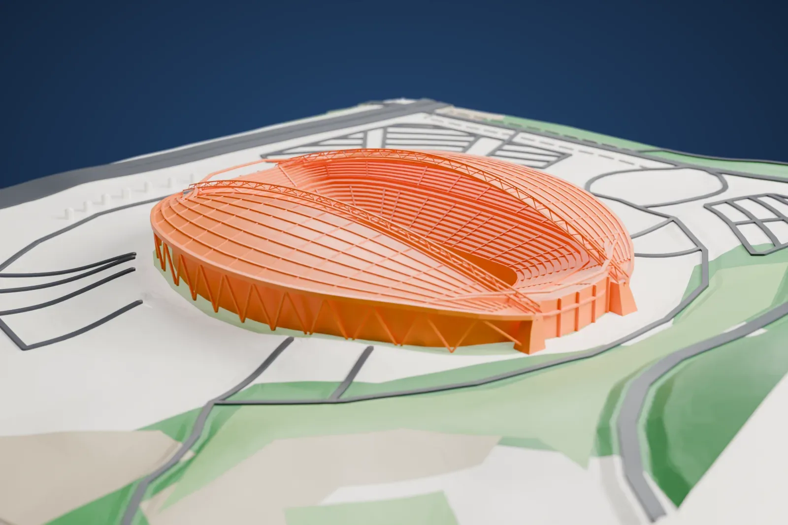 A white 3D print of Daegu Stadium, an oval bowl with two crescent roofs on leaning arches and tapered corner towers, among the surrounding city.
