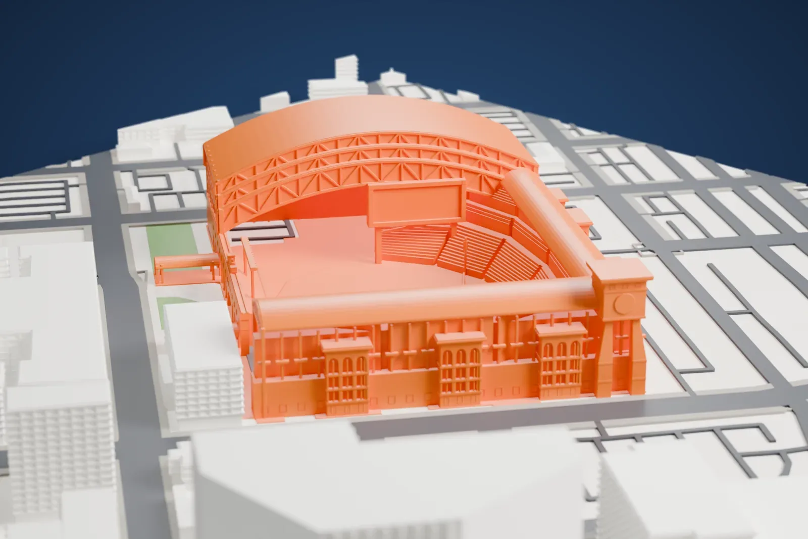 A white 3D print of Daikin Park, a ballpark with a large retractable roof, among surrounding streets and buildings.