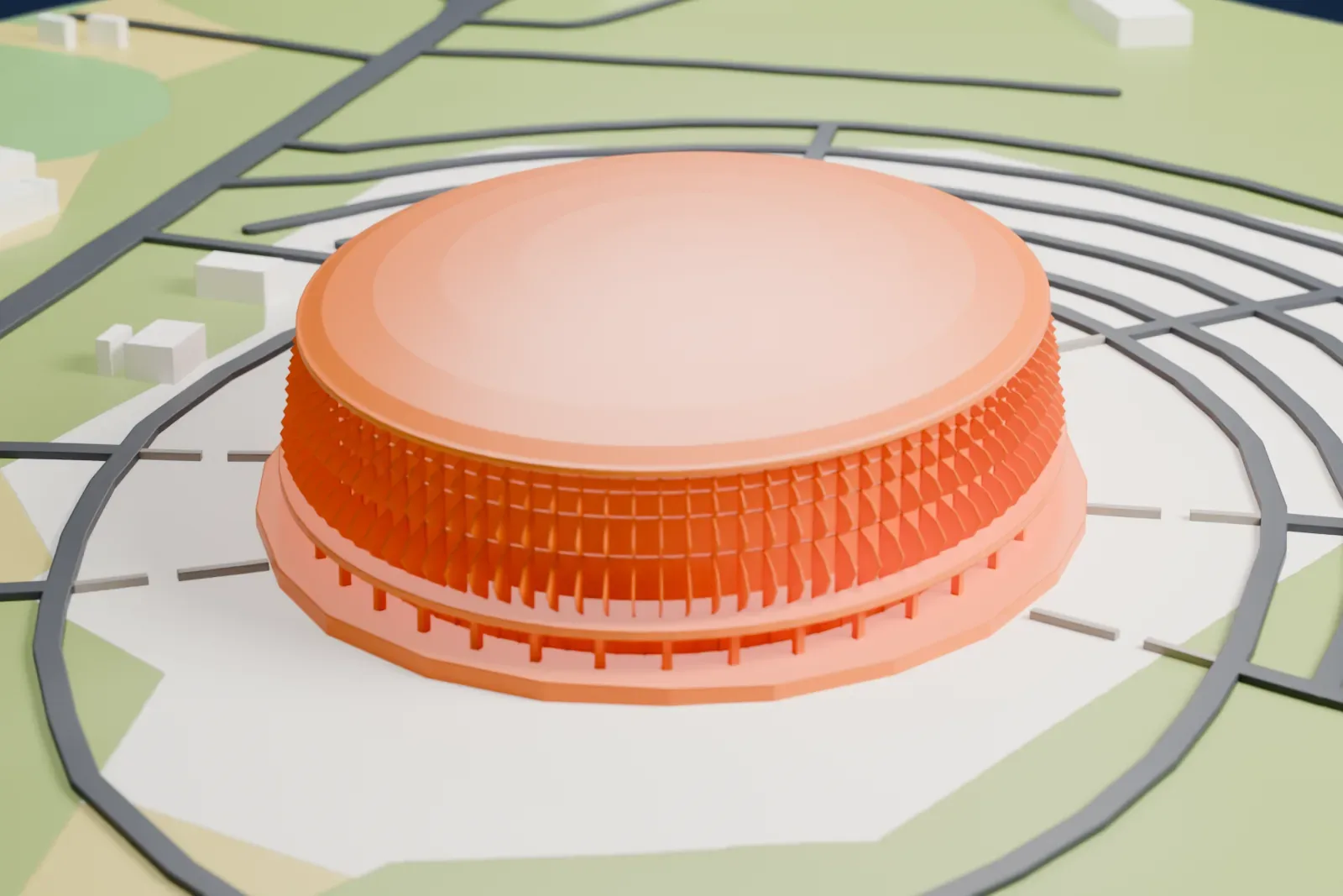 A white 3D print of the Dakar Arena, a wide oval arena with a shallow domed roof and a finely ribbed wall, ringed by curving roads on open ground.