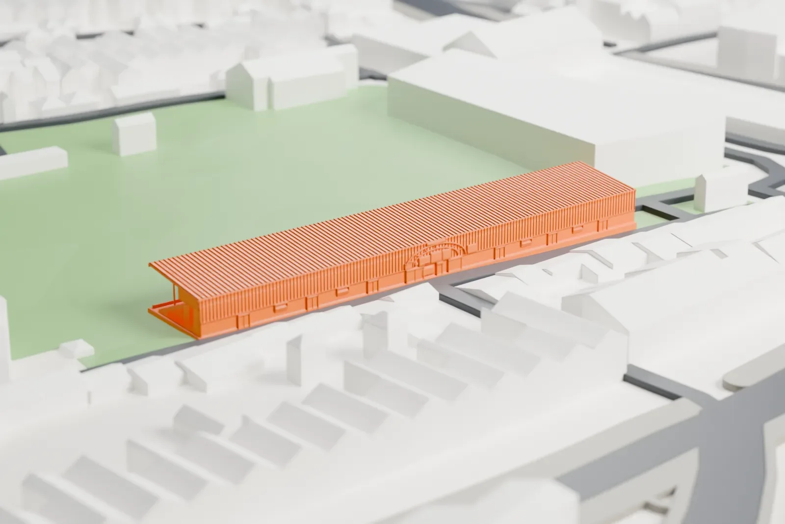 A white 3D print of Dalymount Park, a long single-tier grandstand with an open front and a deep canopy, surrounded by city buildings.