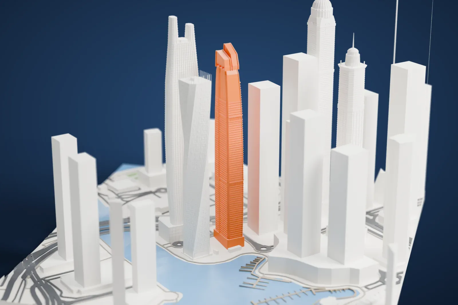 A white 3D print of DAMAC Residenze standing above the surrounding city buildings.