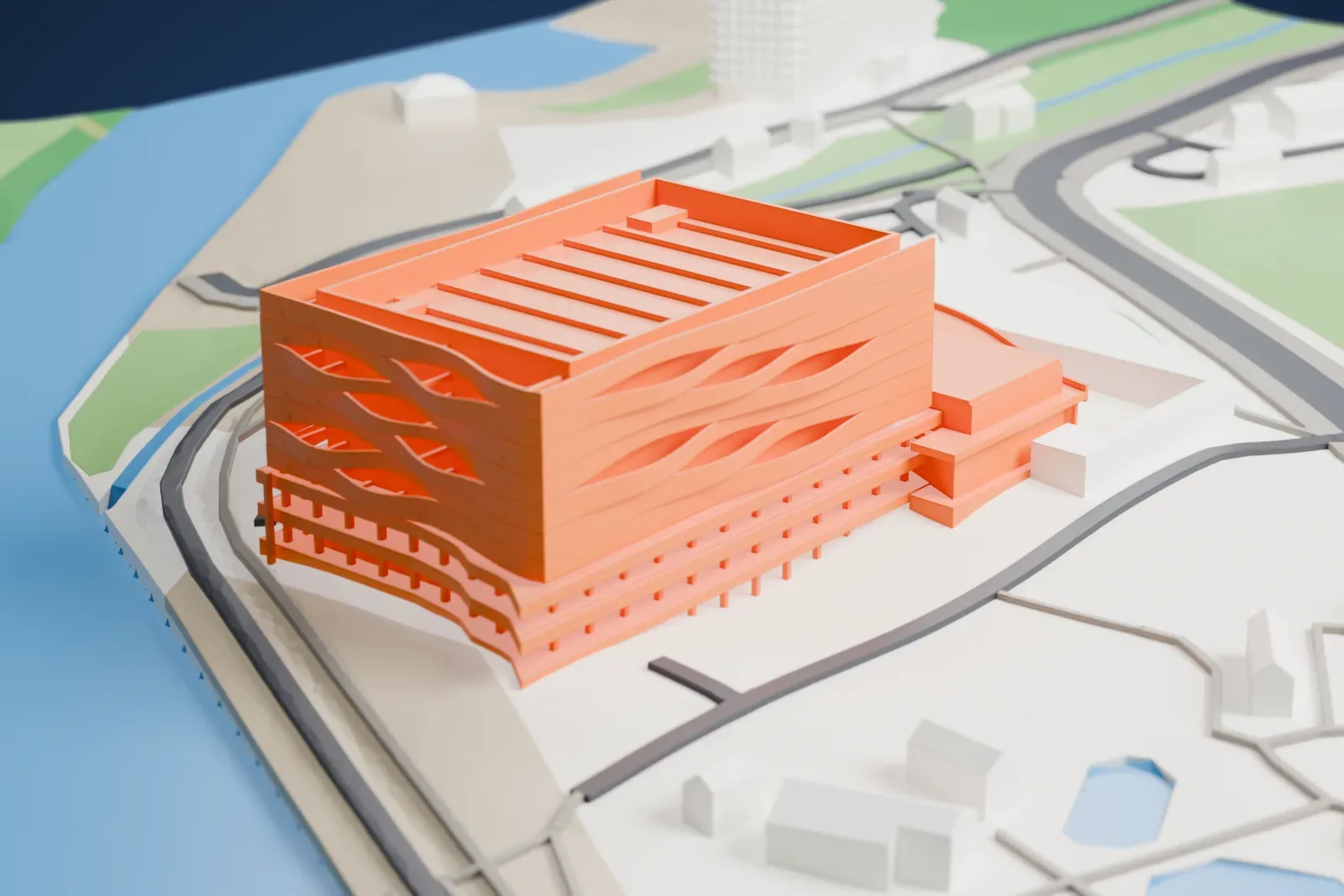 A white 3D print of the Danube Arena, a large hall wrapped in wavy horizontal bands beside the water, with lower wings and paths around it.