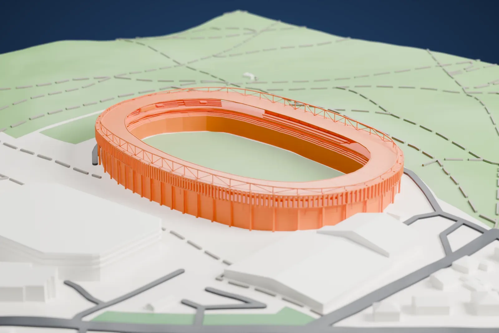 A white 3D print of Darius and Girėnas Stadium, an oval bowl with a roof ring over the stands and thin columns around its outer wall, set in hilly green parkland with paths.