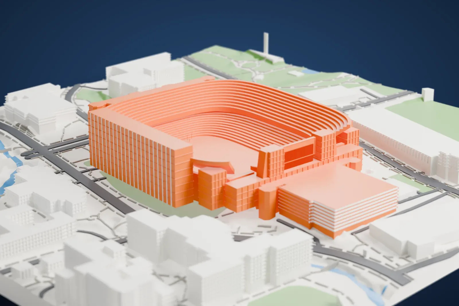 A white 3D print of Darrell K Royal–Texas Memorial Stadium, a horseshoe-shaped bowl of sweeping seating tiers with tall facade blocks on the sides, surrounded by campus buildings, streets and a small creek.