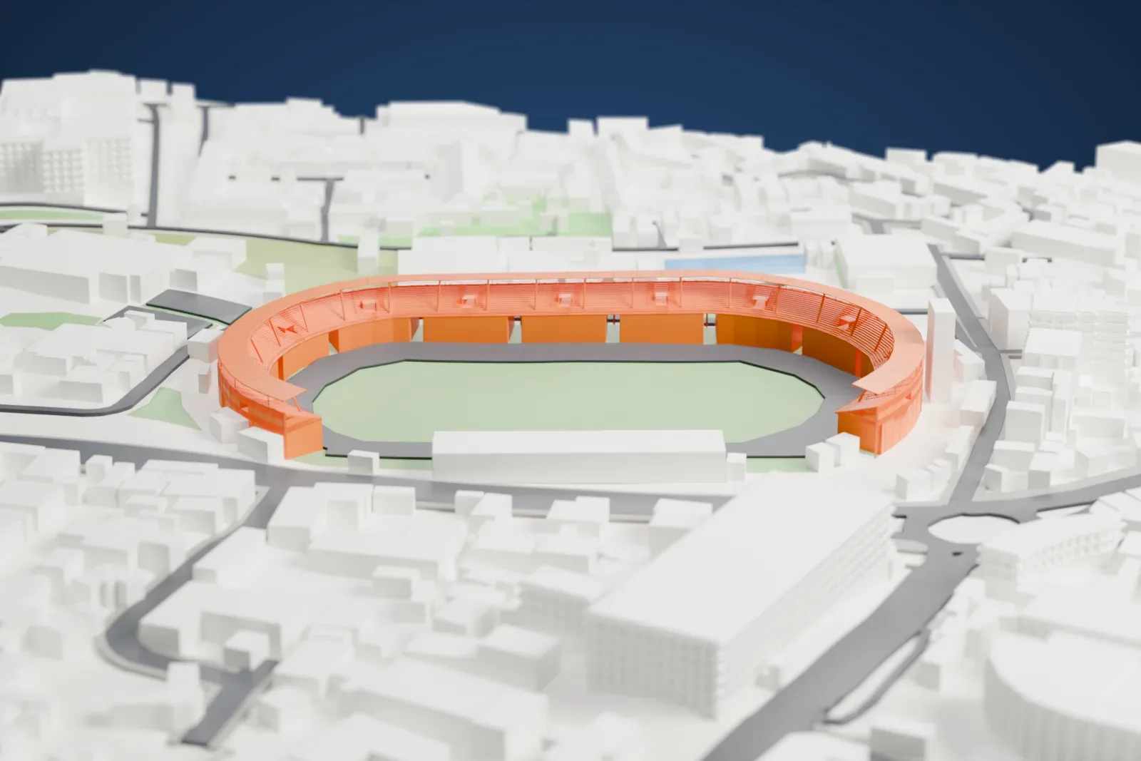 A white 3D print of Dasharath Rangasala, a low stadium with a curved open canopy, in its Kathmandu surroundings.