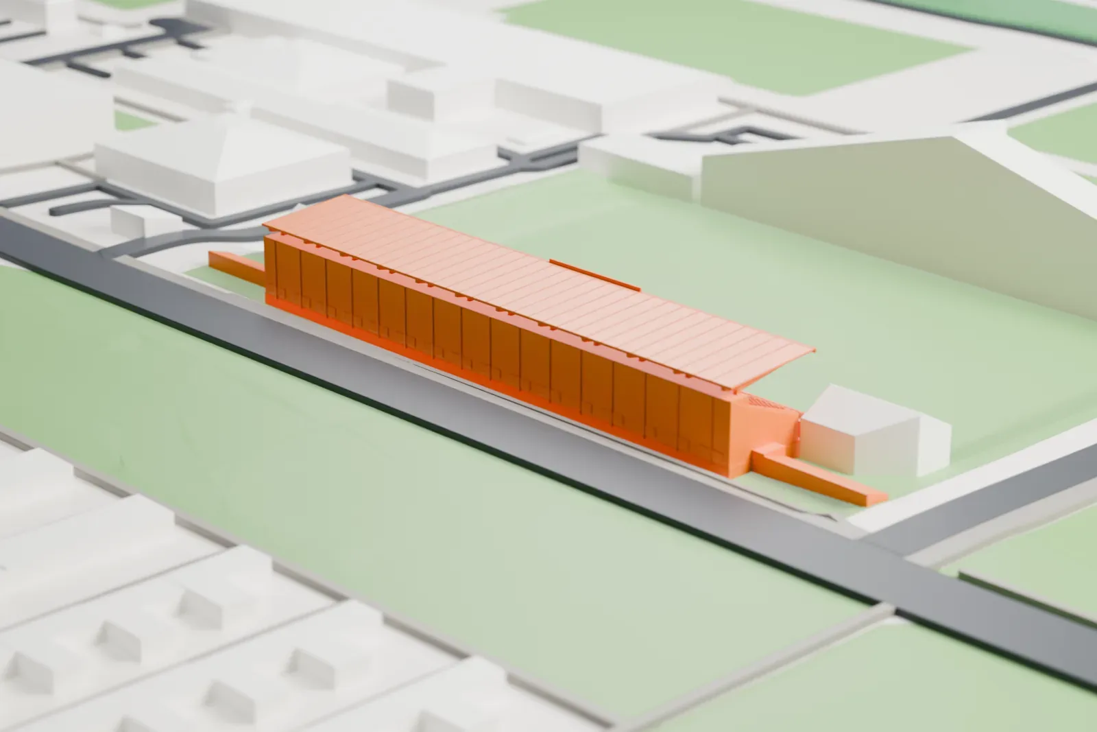 A white 3D print of the Datenpol Arena, a multi-use stadium, among the surrounding streets and buildings of Maria Enzersdorf.