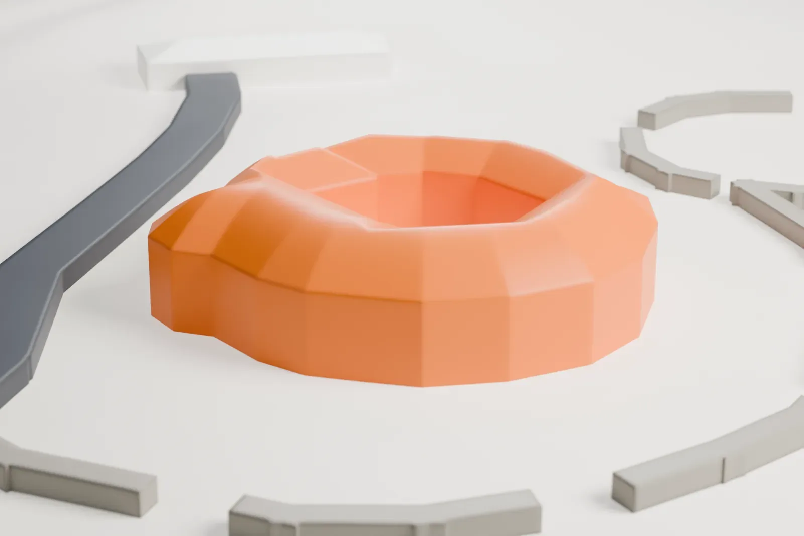 A white 3D print of the David and Gladys Wright House, a curved house on piers wrapped by a spiral ramp, standing on open ground beside a road.