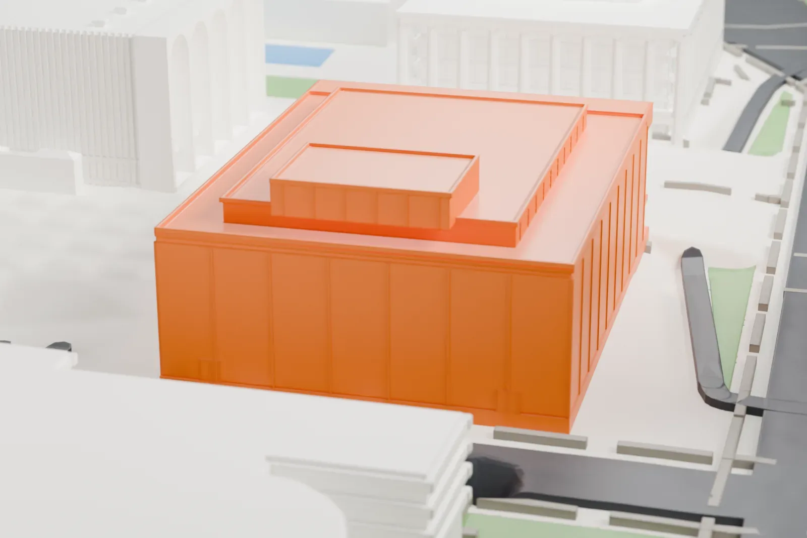 A white 3D print of the David H. Koch Theater, a wide boxy hall with a colonnade, beside neighboring Lincoln Center buildings and tall blocks.