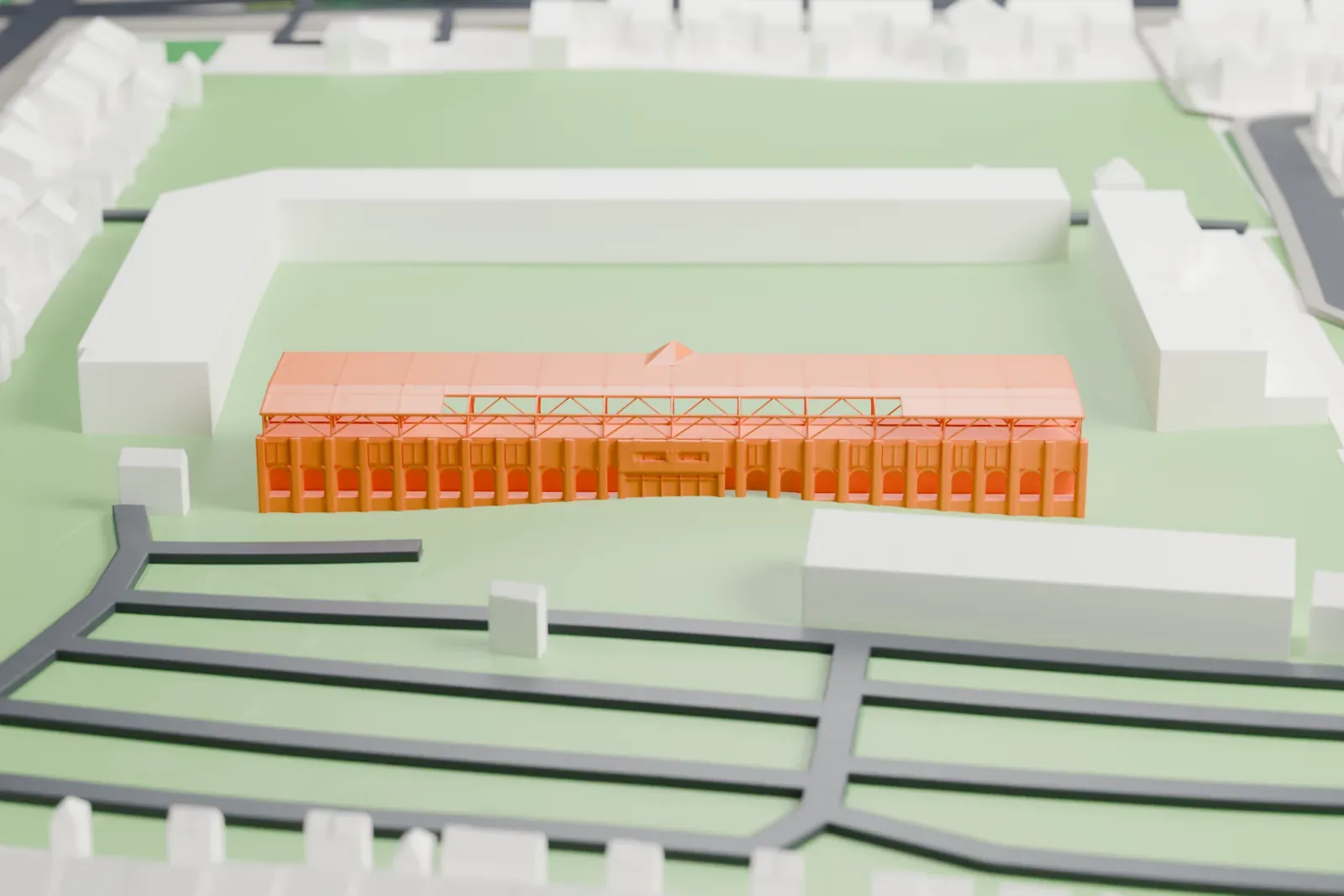 A white 3D print of De Adelaarshorst, a football stand with a long shallow roof and exposed steel framing, among the surrounding city.