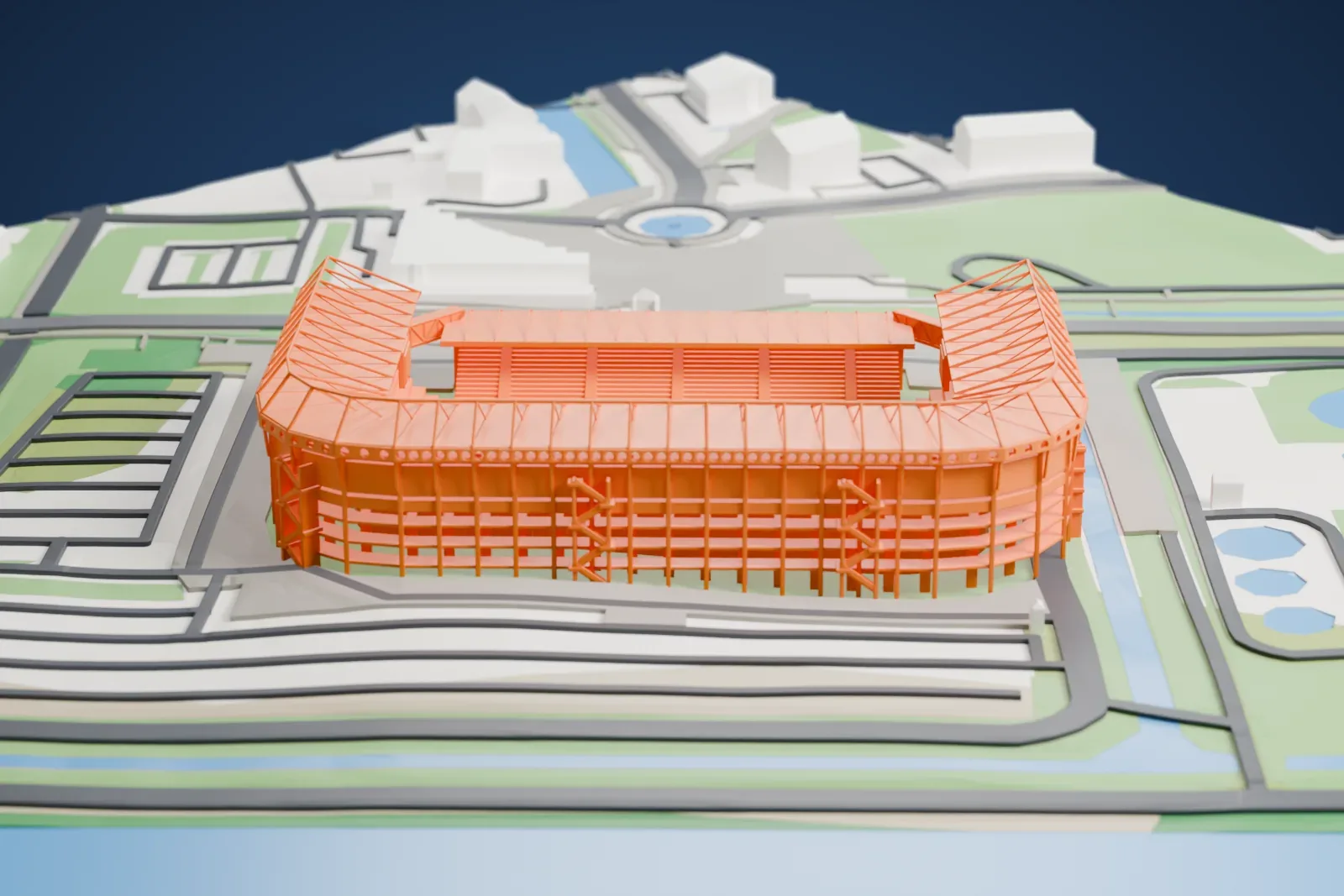 A white 3D print of De Grolsch Veste, with a high three-sided roof over an open field and a lower main stand, among surrounding streets and buildings.