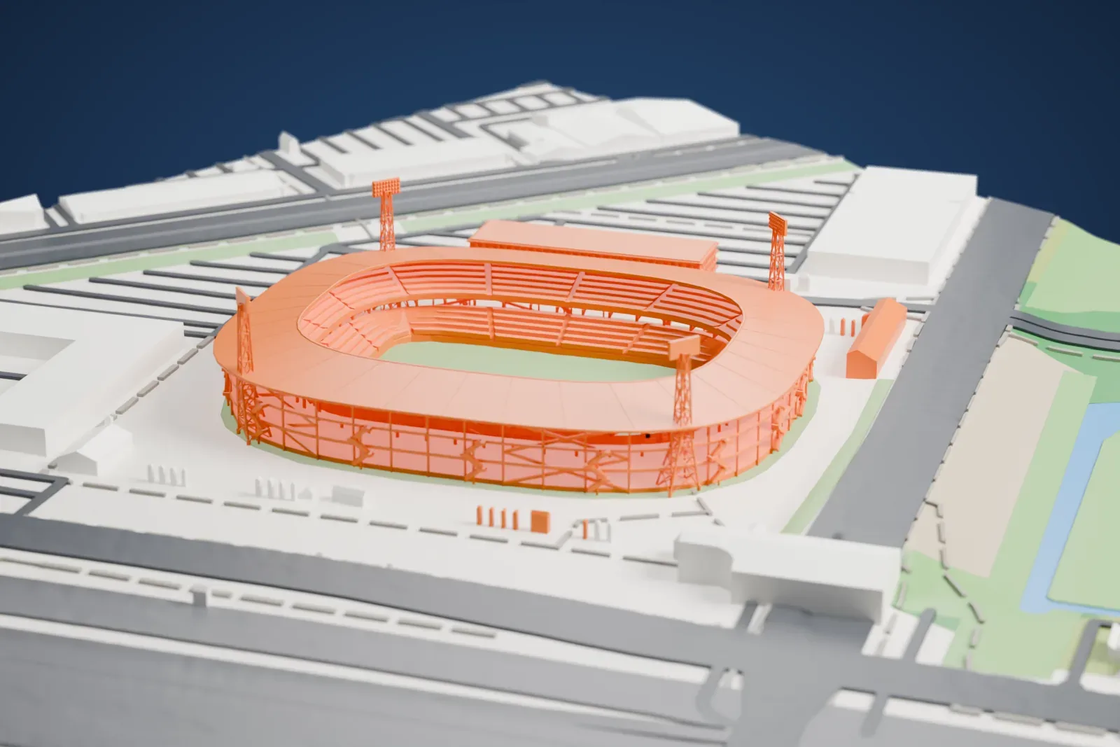 A white 3D print of De Kuip, an oval stadium with a continuous roof and four tall lattice masts, surrounded by roads, flat-roofed buildings and open ground.