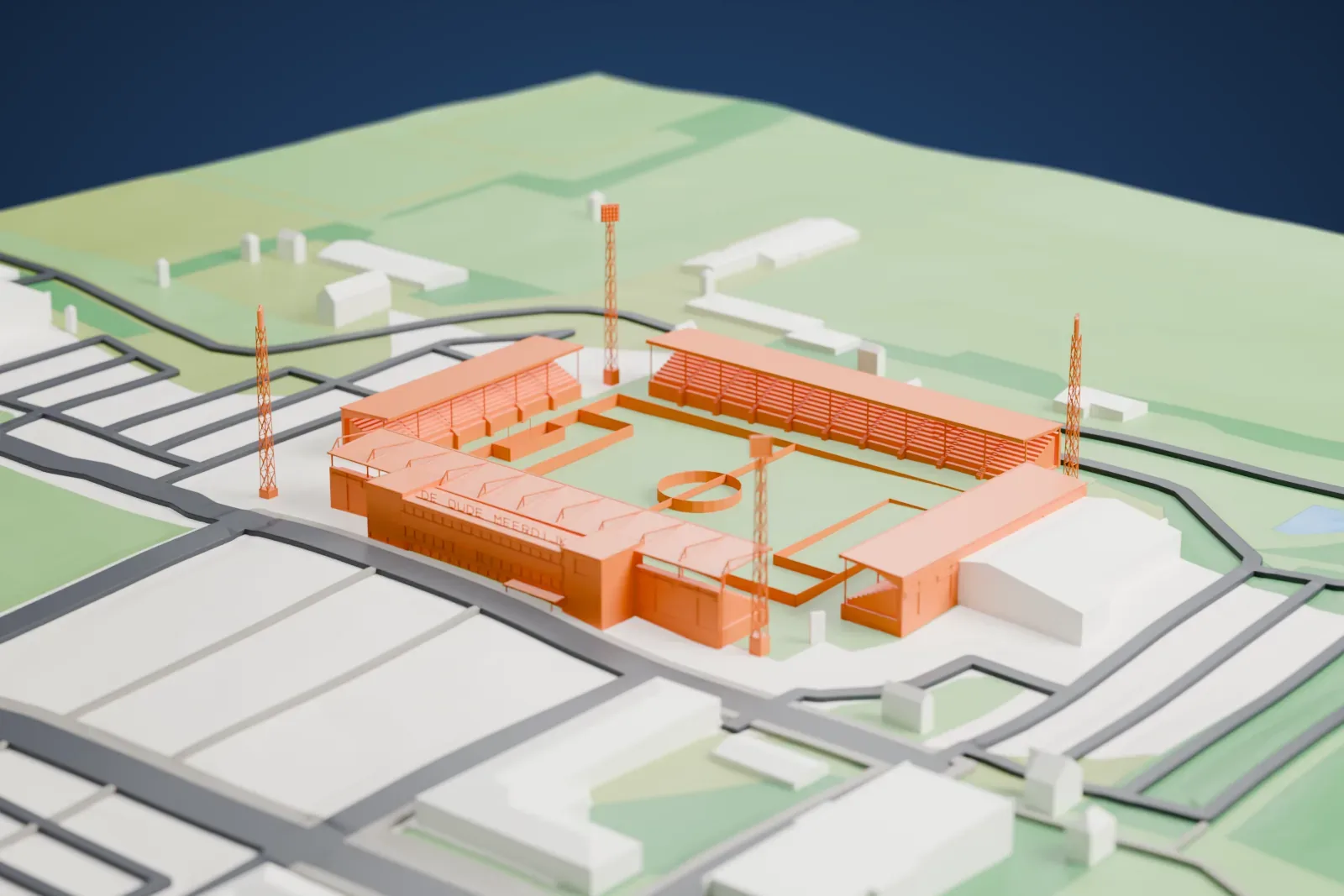 A white 3D print of De Oude Meerdijk, a football ground with four separate stands and lattice floodlight towers around a marked pitch, among roads, parking areas and green fields.