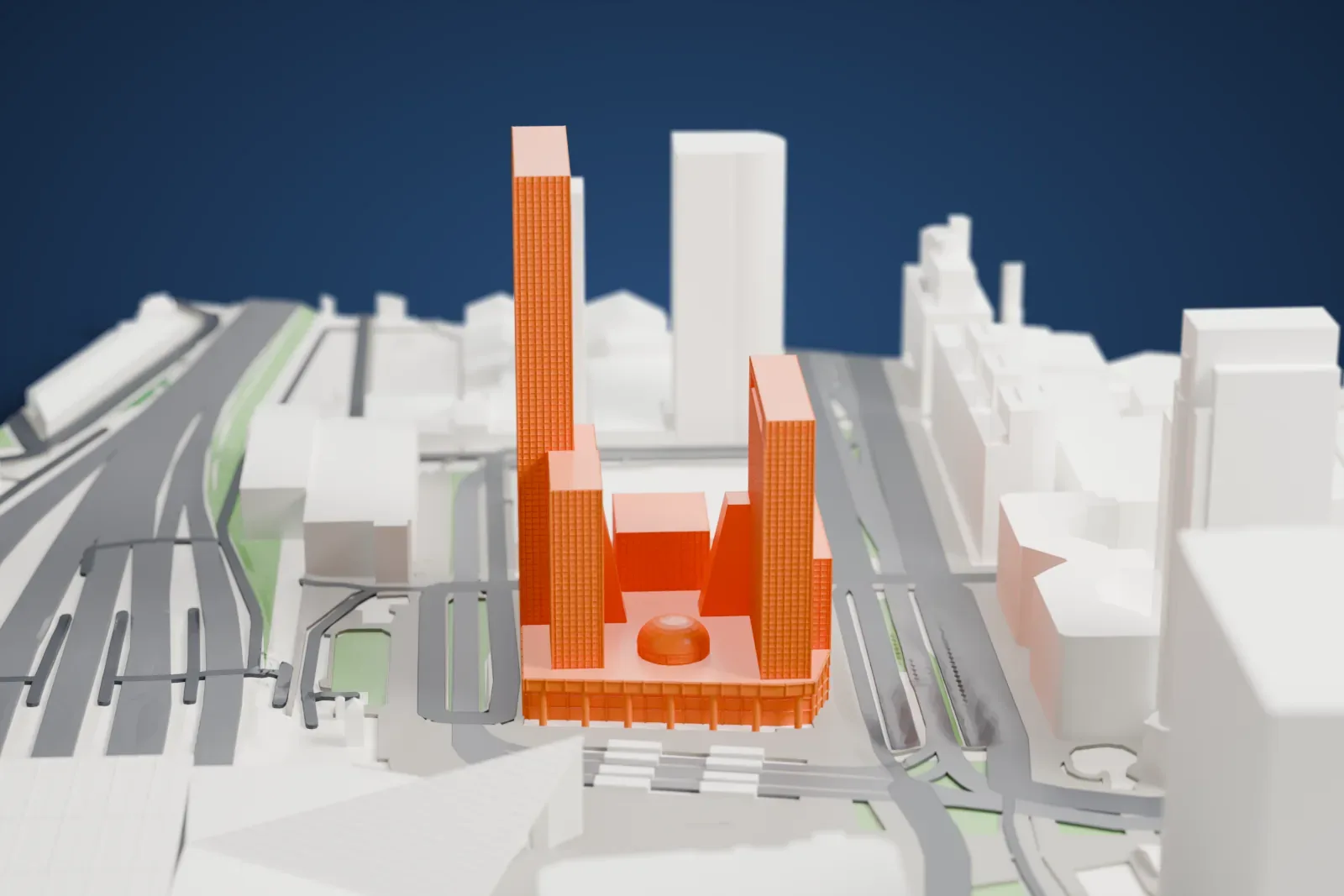 A white 3D print of Delftse Poort, two towers on a shared podium, surrounded by Rotterdam streets and buildings.