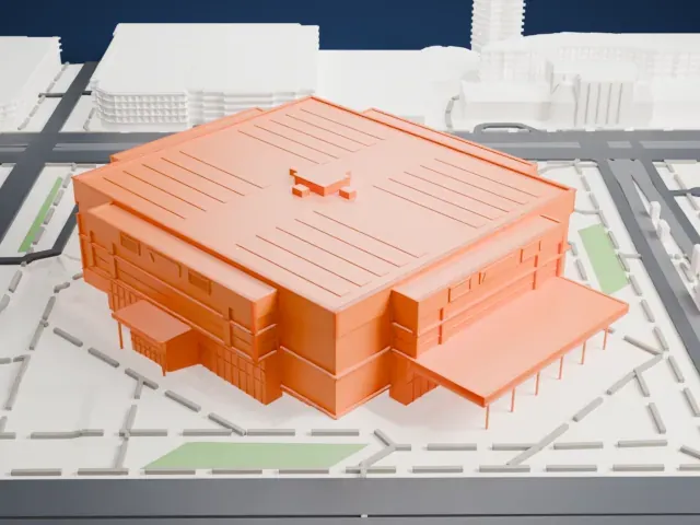 Delta Center model, East view