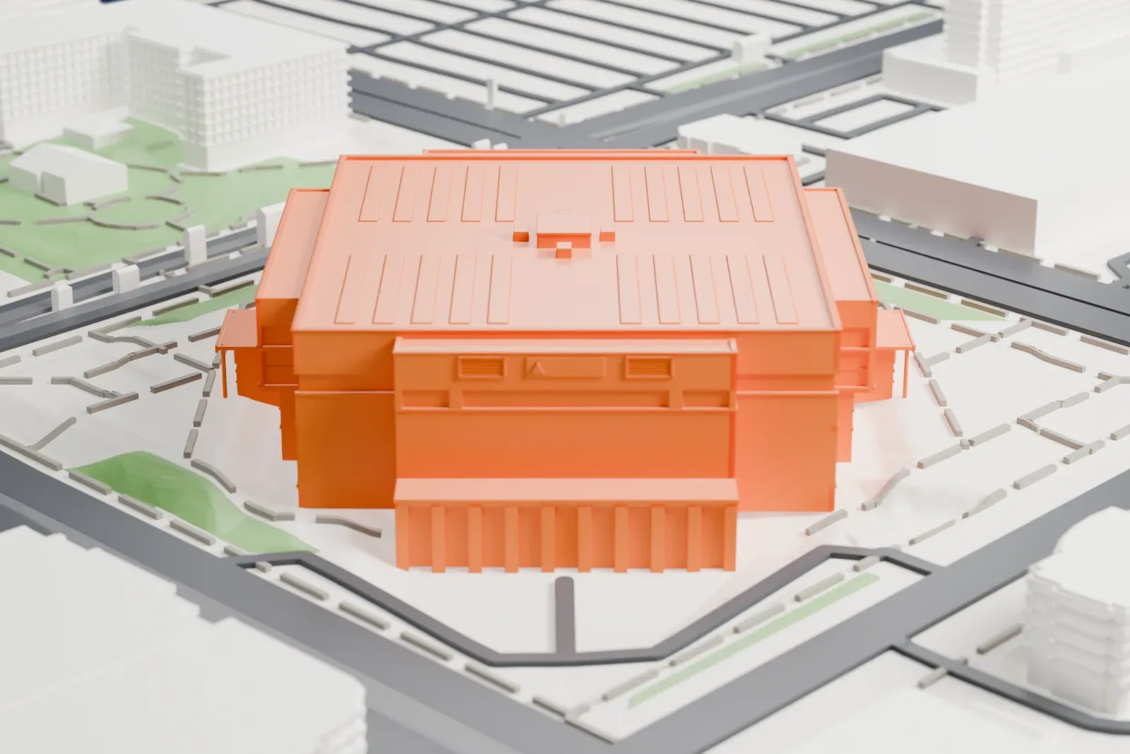 A white 3D print of the Delta Center, a square banded arena box with a projecting entrance canopy and a flat roof, among the surrounding streets and buildings.