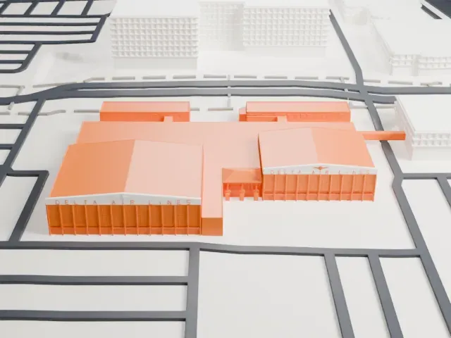Delta Flight Museum Hangars model, East view