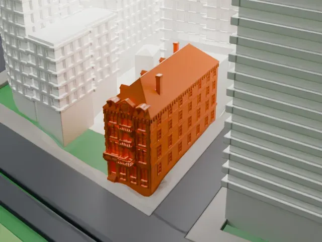 Delta Psi, Alpha Chapter building model, West view