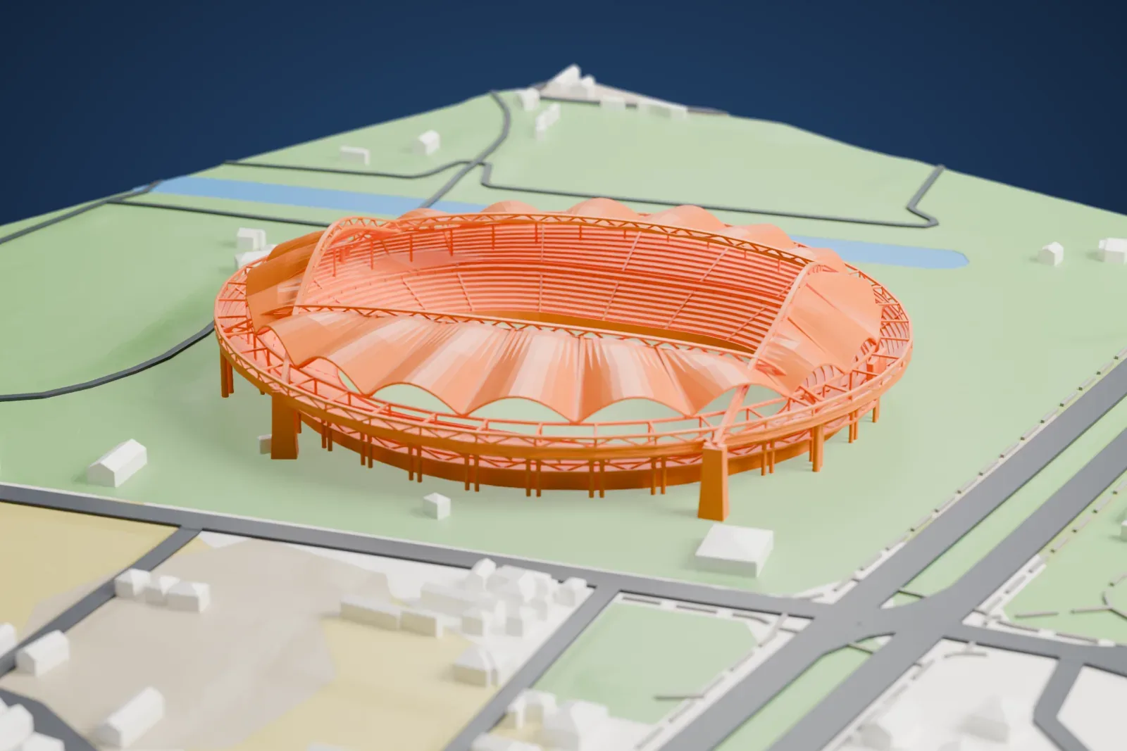 A white 3D print of Denka Big Swan Stadium, a ring of scalloped roof vaults between two high lattice arches, among the surrounding city.