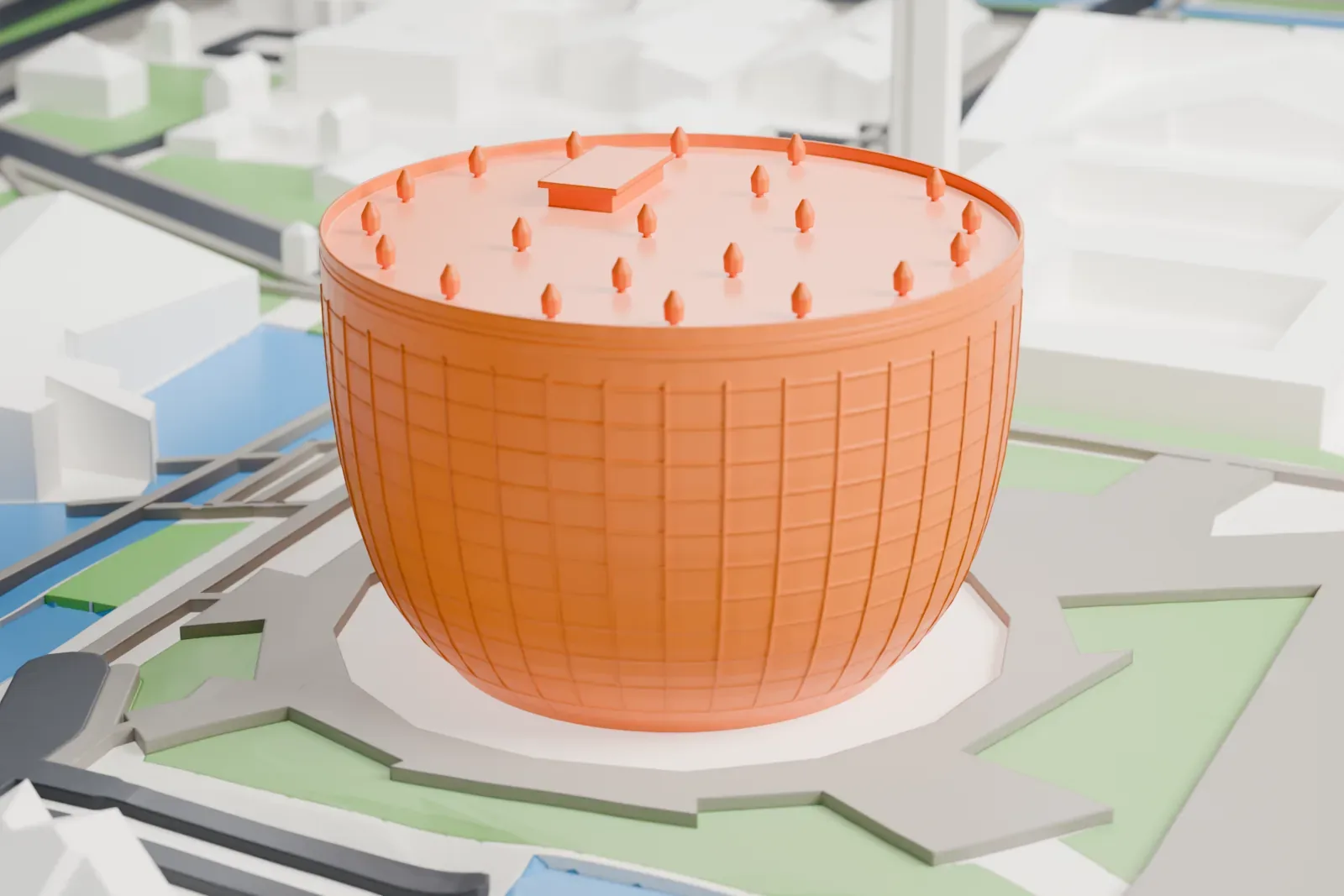 A white 3D print of Depot Boijmans Van Beuningen, a bowl-shaped building, among the surrounding city streets and buildings.
