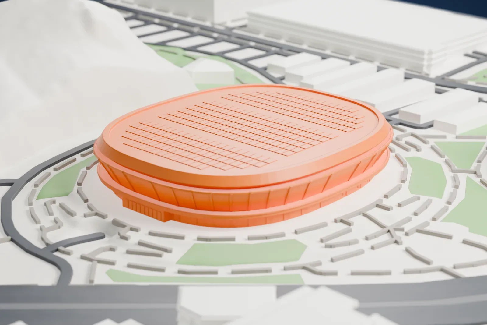 A white 3D print of Desert Financial Arena, a low oval arena with rows of small blocks on its roof, ringed by footpaths and lawns with streets and a steep hillside nearby.