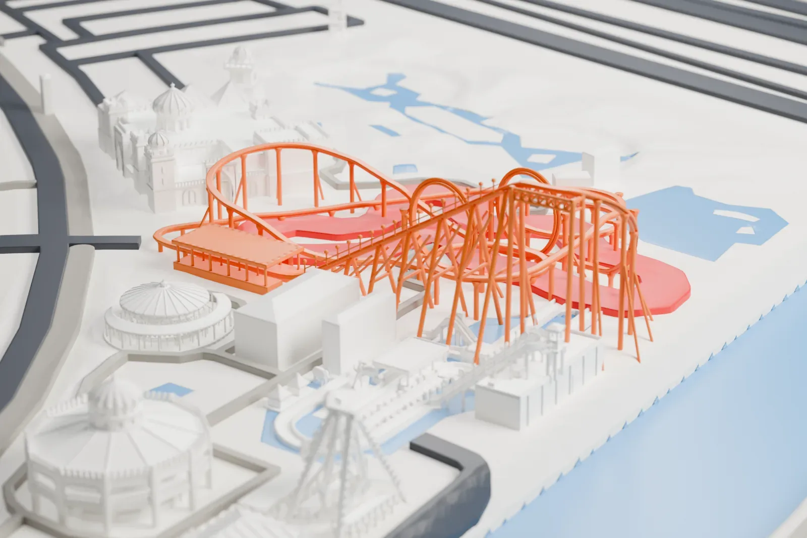 A white 3D print of Desert Storm with the surrounding streets and buildings.