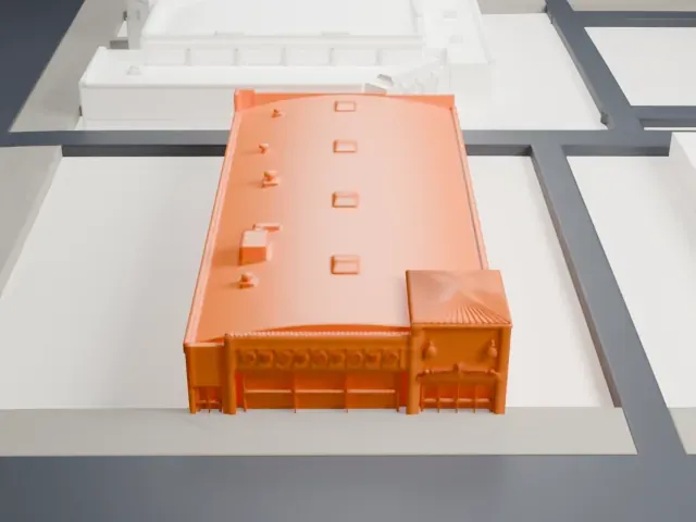 DeSoto Six Motorcars Building model, West view