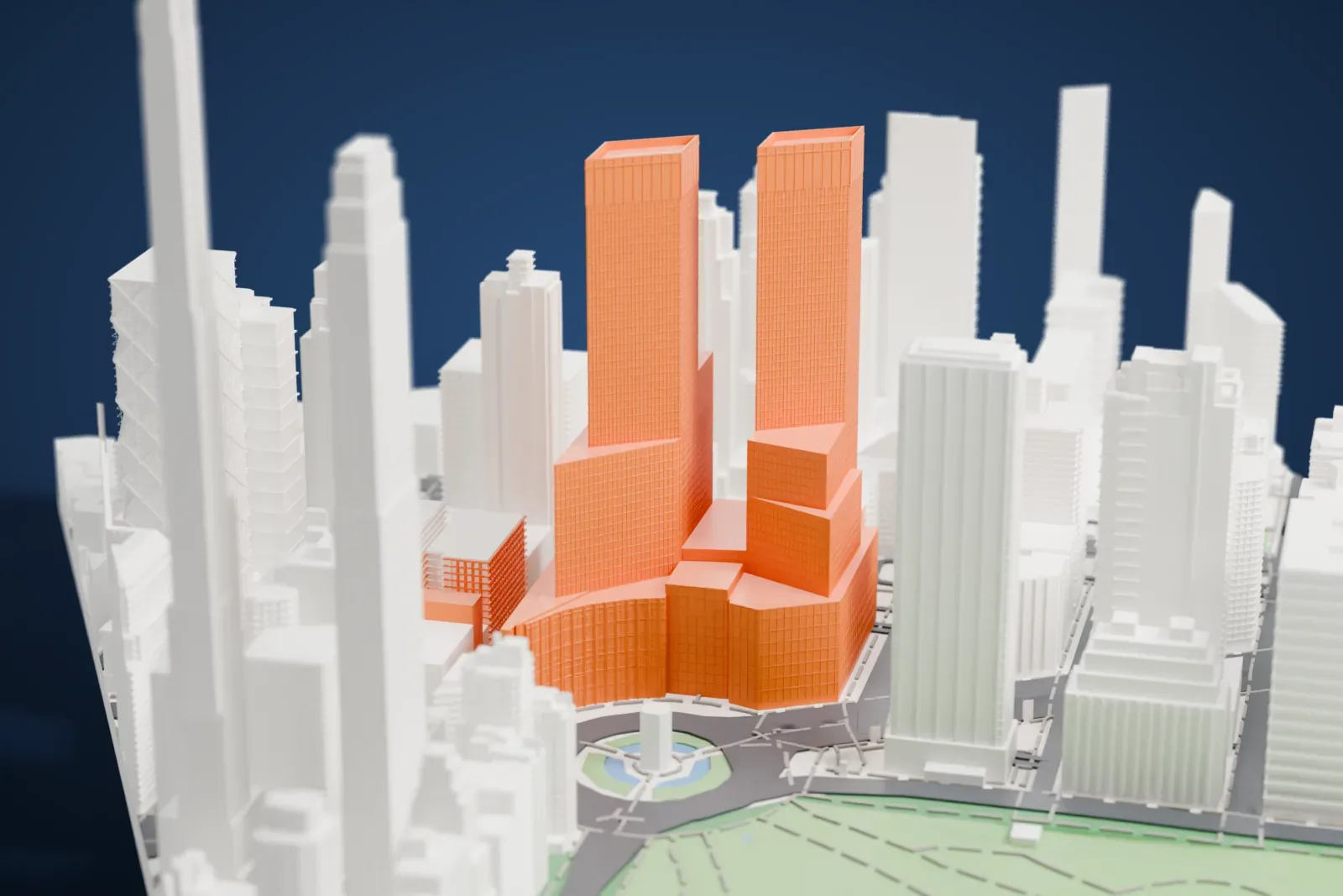 A white 3D print of Deutsche Bank Center, two tall parallel towers rising from a stepped, curved base beside a traffic circle, among other high-rise buildings.