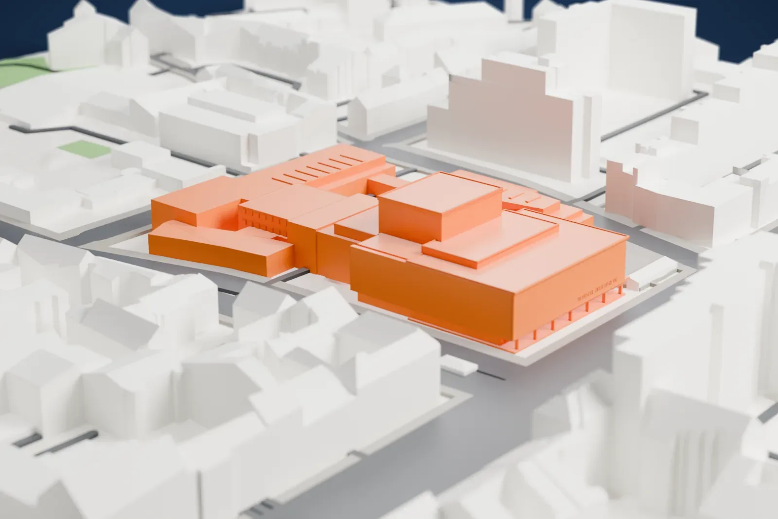 A white 3D print of the Deutsche Oper Berlin in Charlottenburg, surrounded by city streets and buildings.