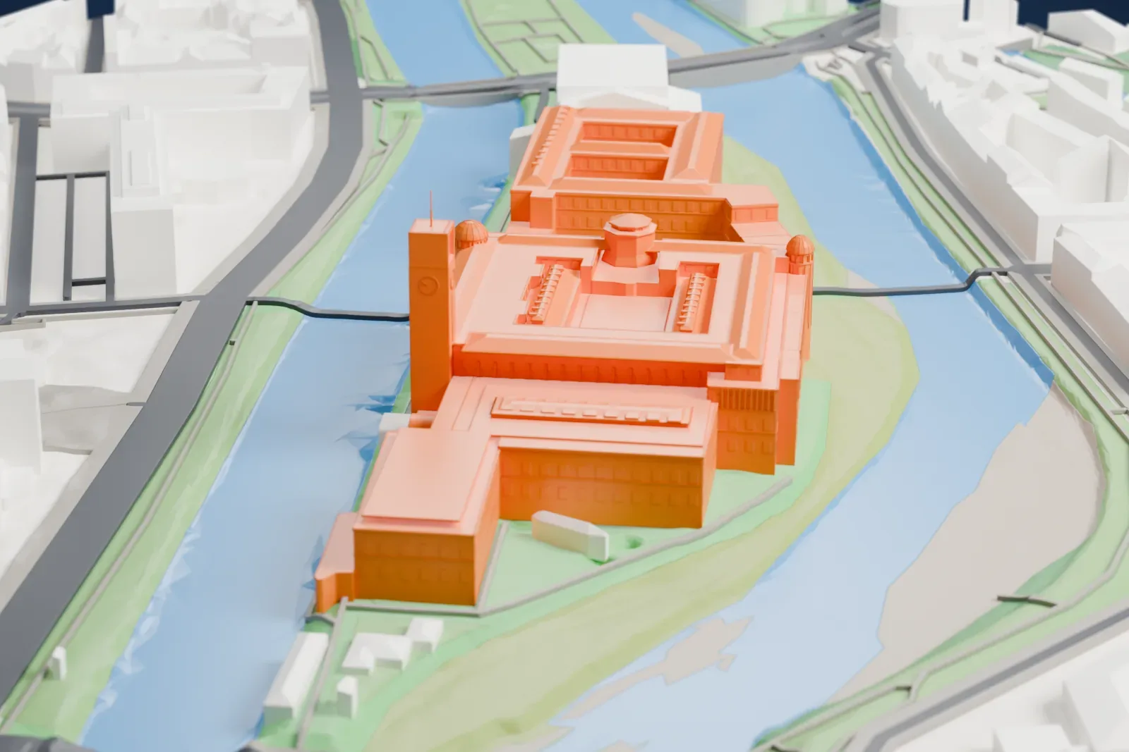 A white 3D print of the Deutsches Museum on its island in the Isar, with the river and the streets and buildings of Munich around it.