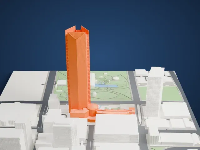 Devon Energy Center model, North view
