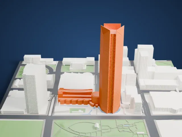 Devon Energy Center model, South view