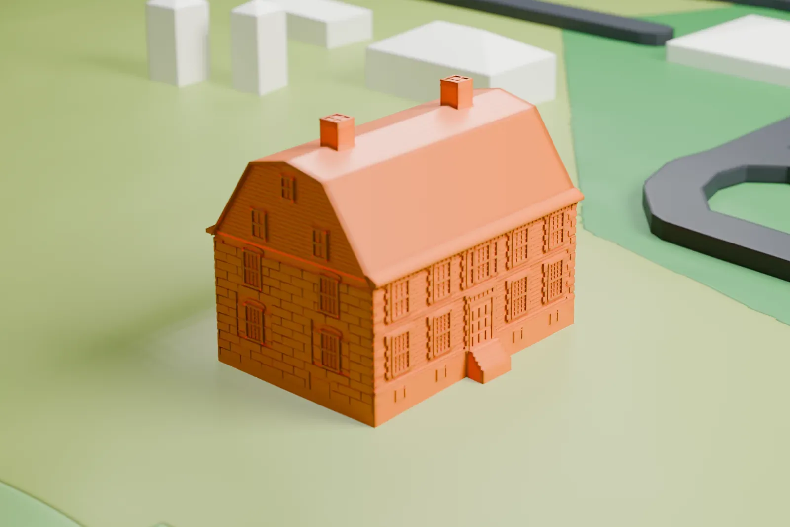 A white 3D print of the Dey Mansion, a two-story house with a long roof, two chimneys and a small side wing, standing on open green land beside a curving road.