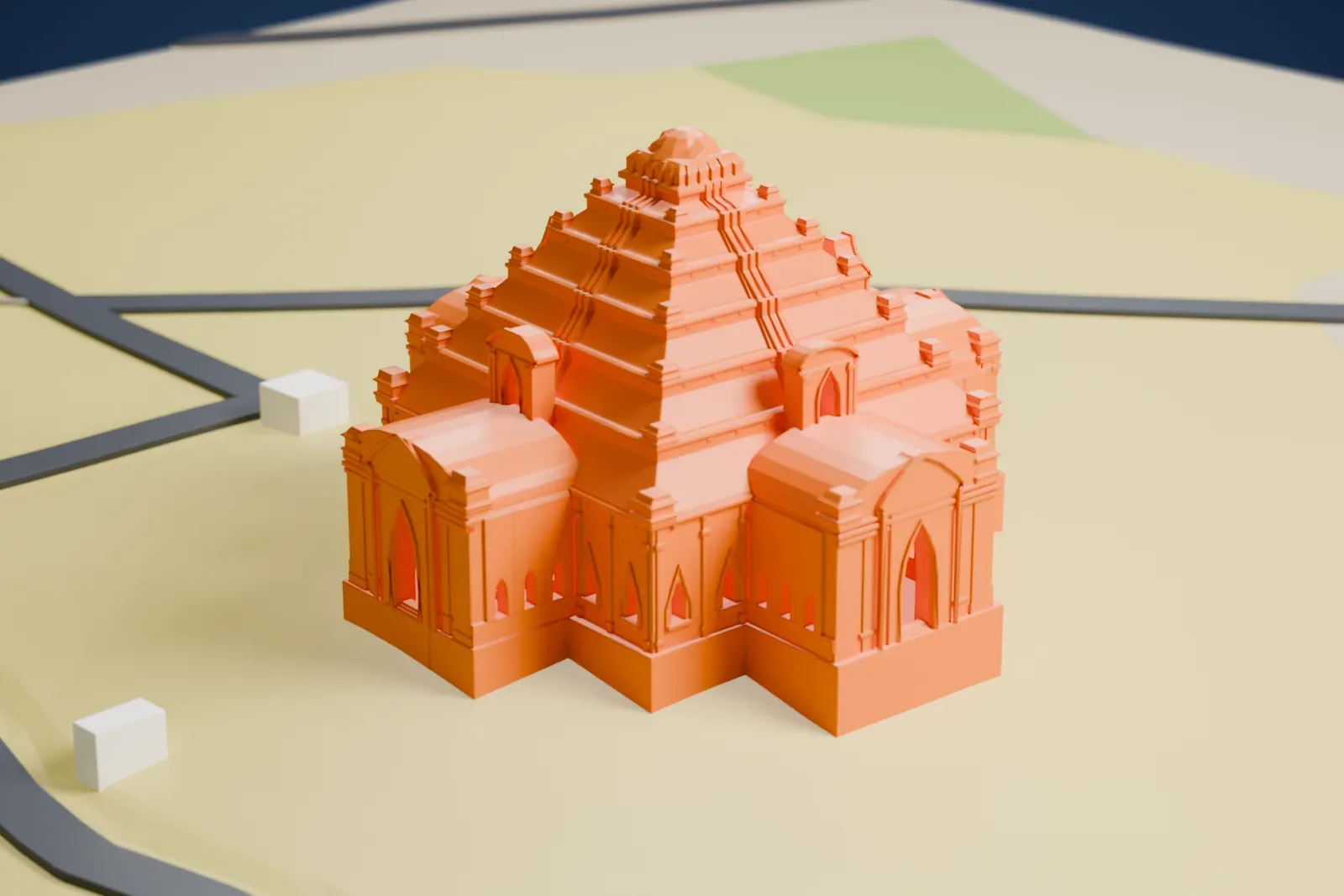 A white 3D print of the Dhammayangyi Temple with the surrounding area.