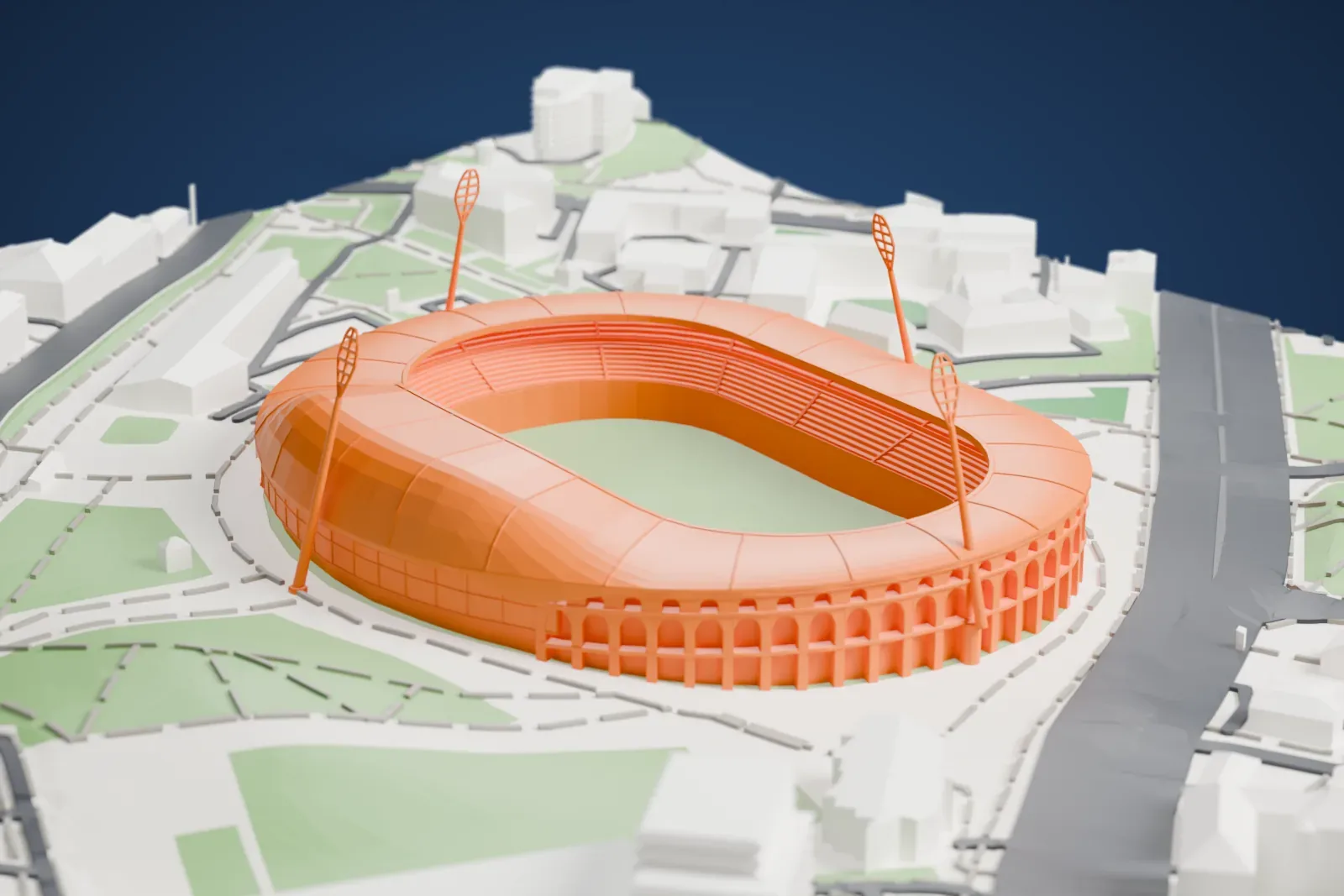 A white 3D print of Dinamo Stadium, a low oval ring roof over an arched arcade, with four tall leaning floodlight masts around it, among the surrounding city.