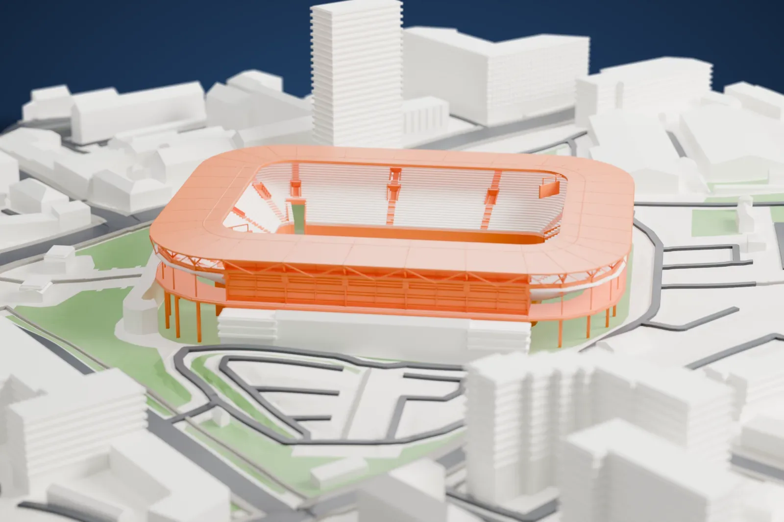 A white 3D print of Dnipro-Arena, a rounded stadium with an open roof aperture and exposed ribs, set among surrounding streets and buildings.