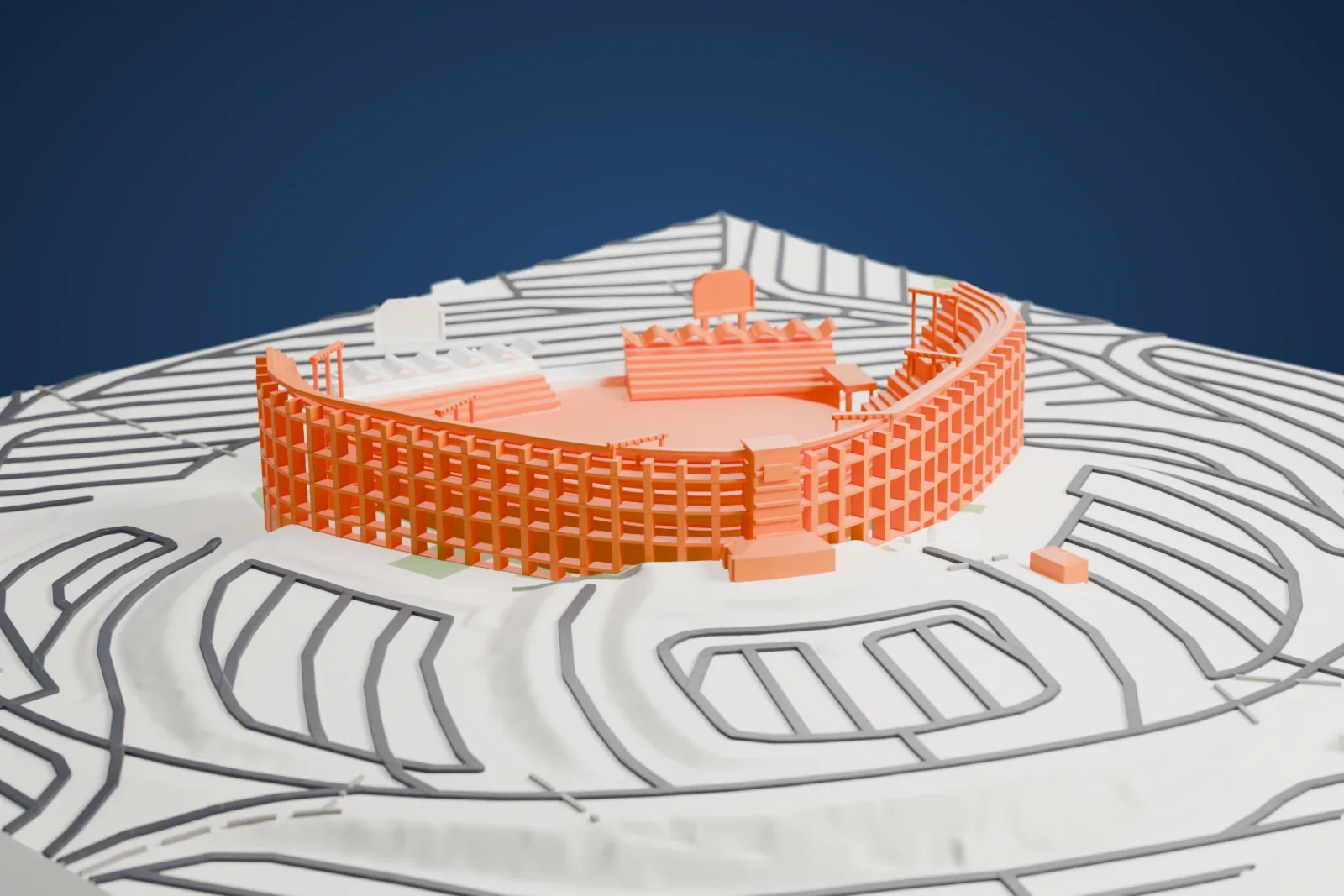 A white 3D print of Dodger Stadium, an open-sided ballpark with an open concrete frame and stepped seating tiers, set among looping roads on sloping ground.