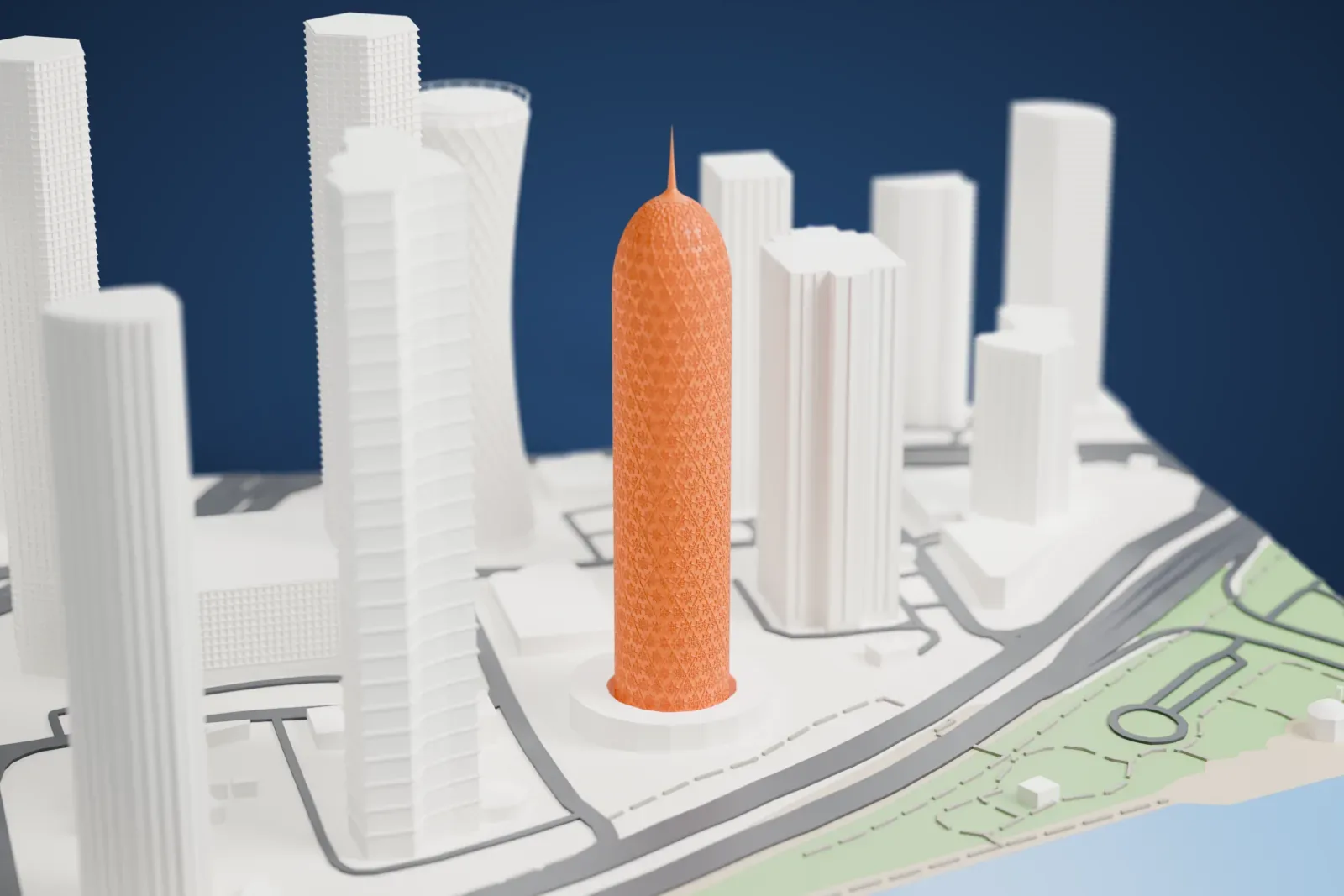 A white 3D print of the Doha Tower, a tall cylindrical tower with a domed top, a thin spire and a fine lattice skin, standing on a round base among other high-rises near the waterfront.