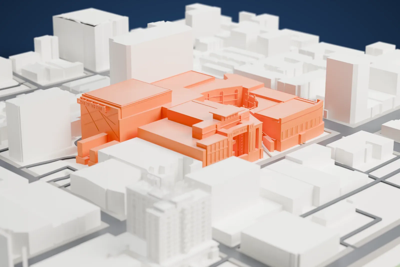 A white 3D print of the Dolby Theatre among the surrounding streets and buildings of Hollywood.