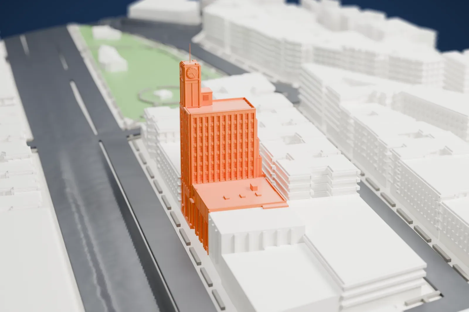 A white 3D print of the Dollar Savings Bank Building, a stepped office block with a slim clock tower beside a low wing, among streets and green parks.